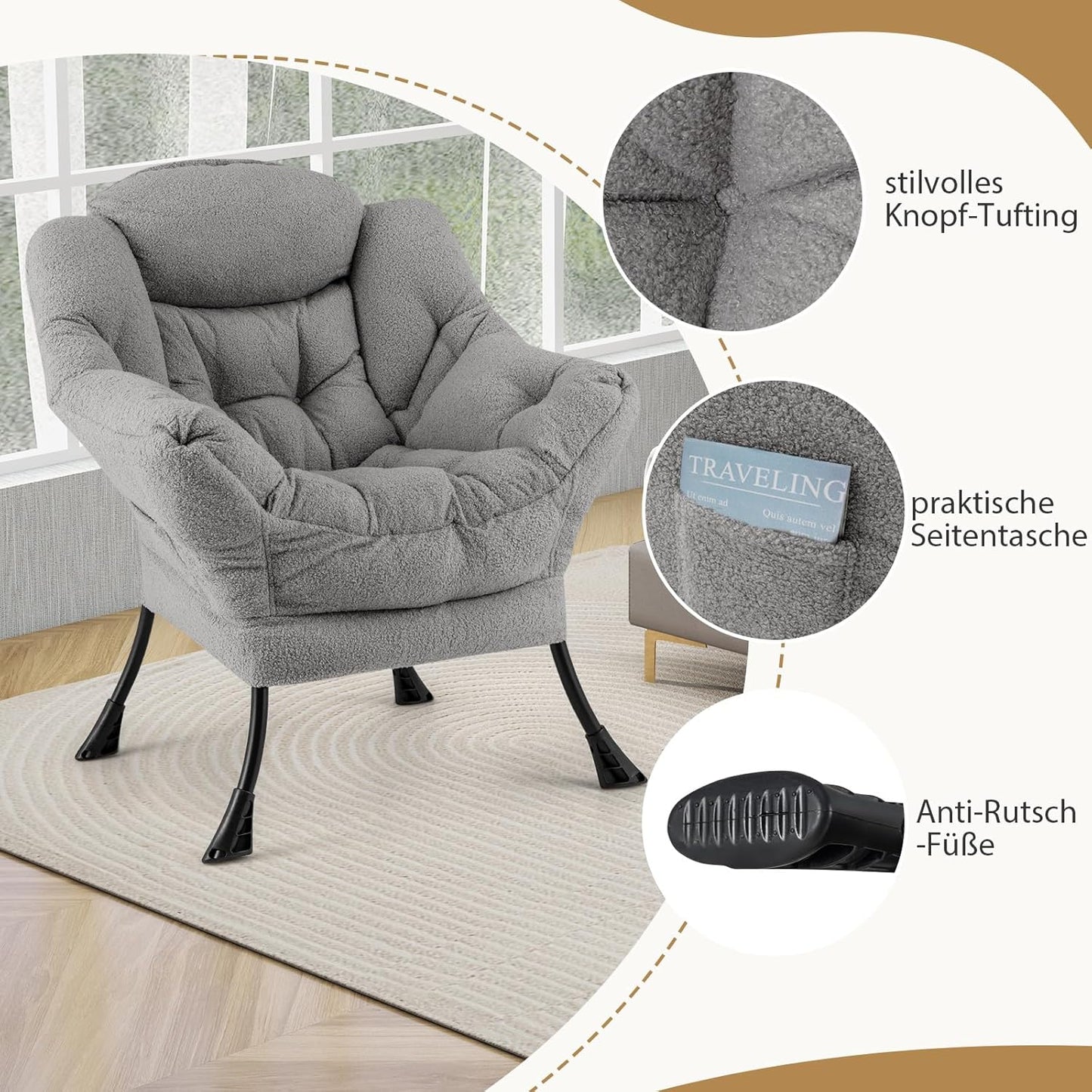 Relaxfauteuil – Relaxstoel – Loungefauteuil – Tv-fauteuil – Leunstoel – Met Voetenbankje En Zijvak – Zachte Sherpa Bekleding – Roestvrij Metalen Frame