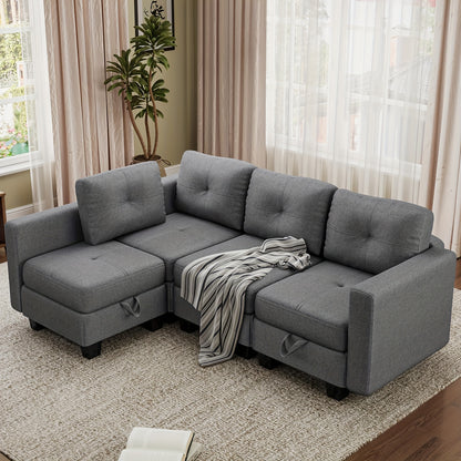 U-vormige Modulaire Hoekbank – Sectional Bank – L-vormige Bank – Zithoek – Slaapbank – 4-zits – Geheugenfoam Comfort – Verborgen Opbergvakken