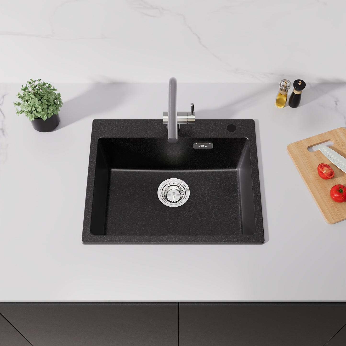 Keukenbak Kwartssteen – Gootsteen – Spoelbak – Keukenspoelbak – Enkele Kom – Zwart – 55x45 cm – Krasvast & Hittebestendig – Overloop & Afvoersysteem