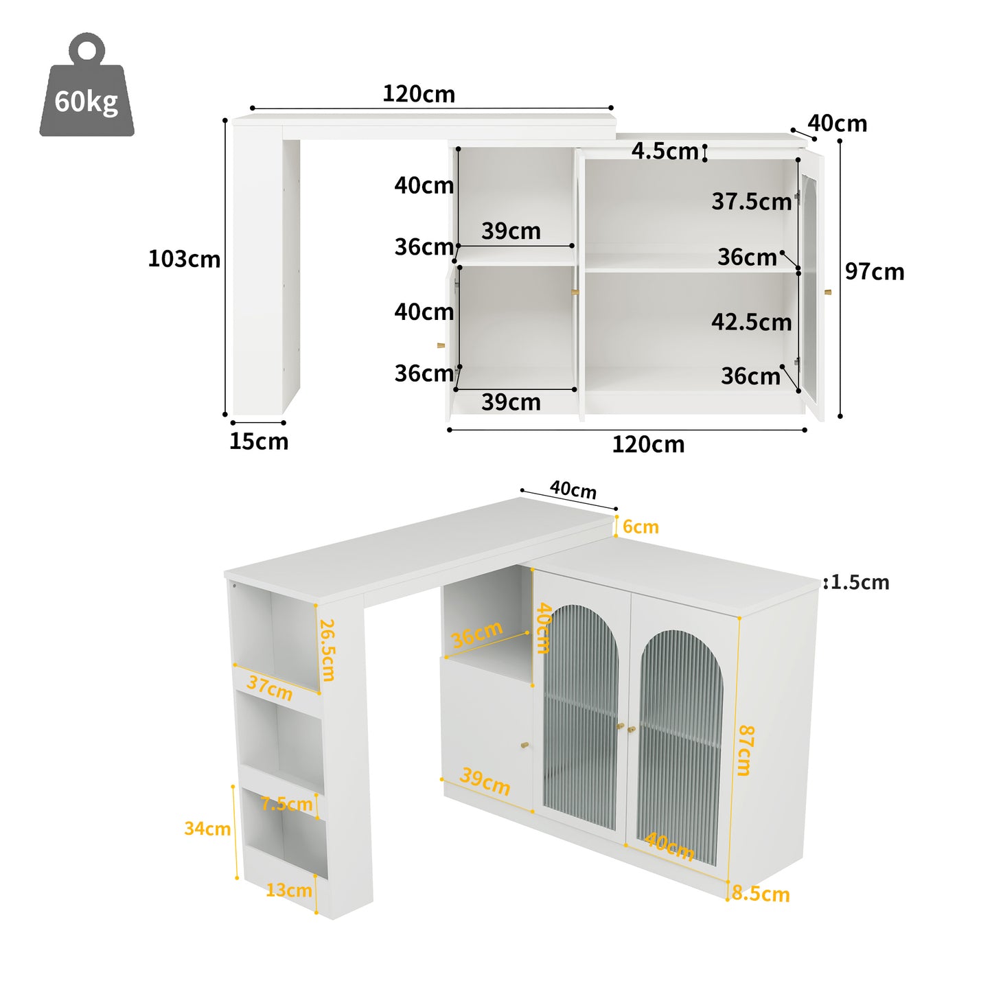 Ontbijtbar – Keukenbar – Barschrank – Werkblad – Rotatiebar Zwart – 360° Draaibaar Zijpaneel – MDF Met Glasfront 120x40x97 cm