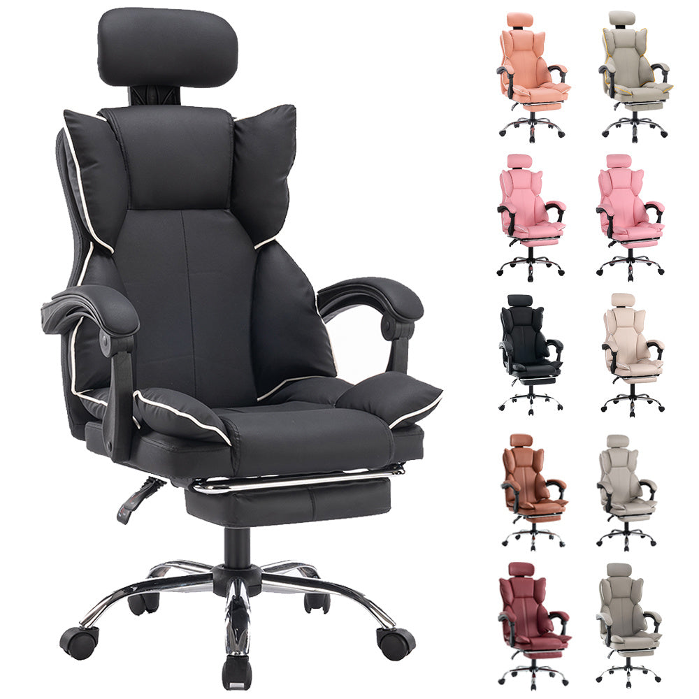 Gamingstoel – Bureaustoel – Kantoorstoel – Gamestoel – Computestoel – Verstelbaar in Hoogte – PU Leer Met Zachte Schuimvulling – Zwart Met Wit Randje – Ergonomische Rugondersteuning – 5-Wiel Basis Voor Tapijt