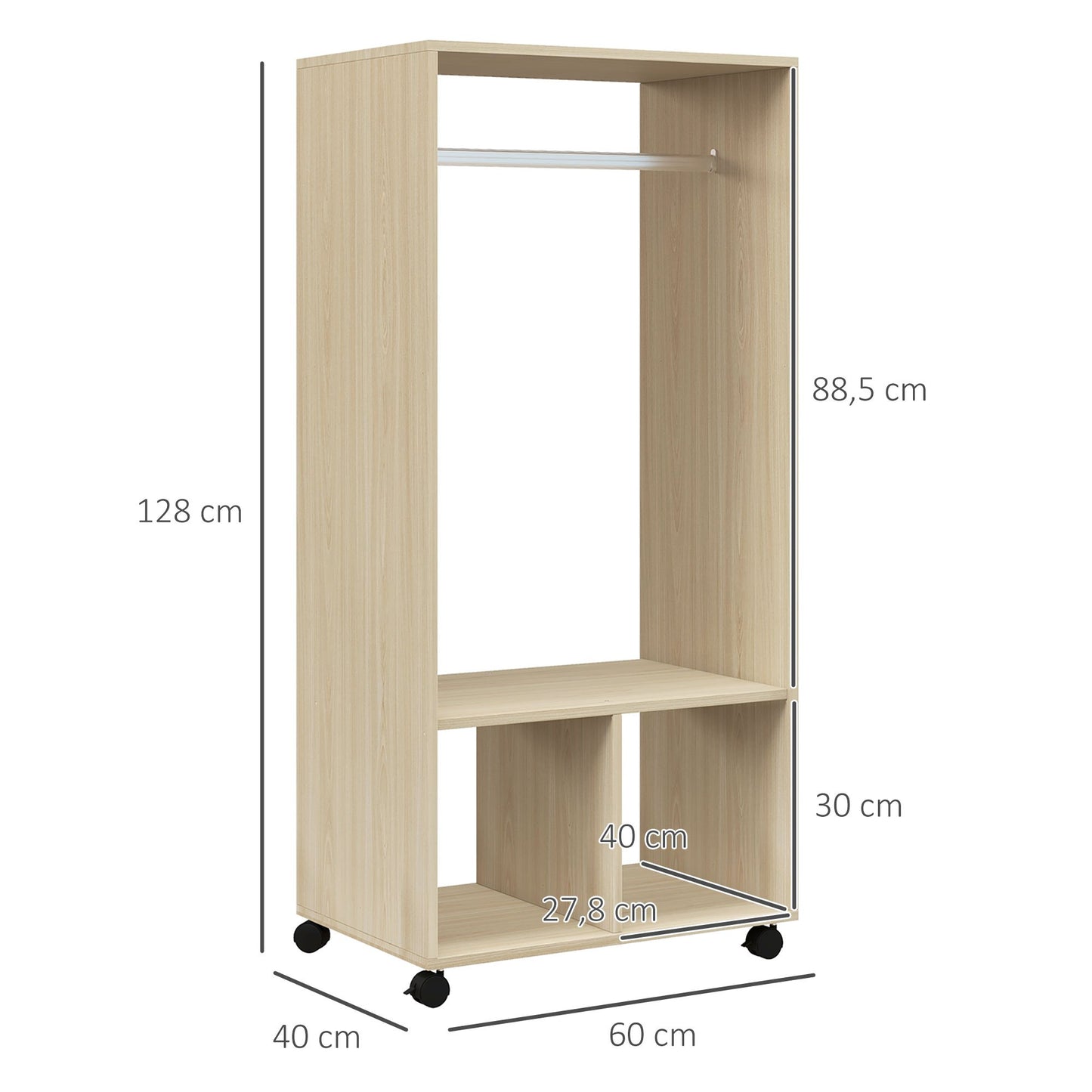 Kledingkast – Garderobekast – Opbergkast – Stoffenkast – Natuurlijke Houtkleur – Met 2 Planken – 4 Zwenkwieltjes