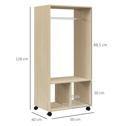 Kledingkast – Garderobekast – Opbergkast – Stoffenkast – Natuurlijke Houtkleur – Met 2 Planken – 4 Zwenkwieltjes