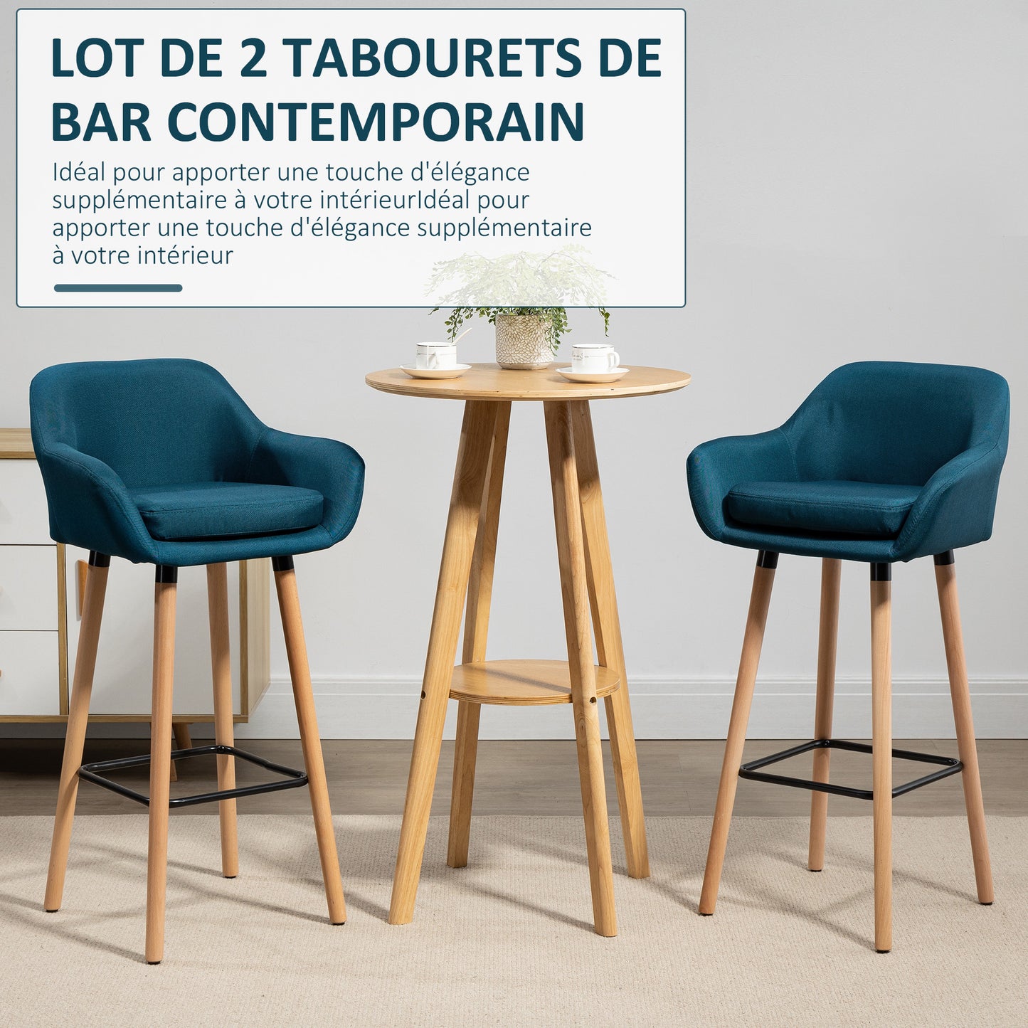 Barstoel – Barkruk – Barstoelen – Keukenstoel – Barkrukken set van 2 – Scandinavisch Design – Houten Poot – Blauw Linnen – Met Voetsteun en Armleuning – Anti-Slip Pads – Robuust Metalen Frame