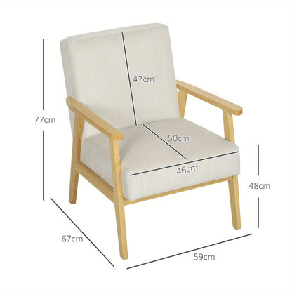 Fauteuil – Lounge Stoel – Armstoel – Relaxstoel – Leunstoel – Crèmewit Met Houten Poten – Fluweelachtige Cordstof – Zitkussen 16 Cm Dikte