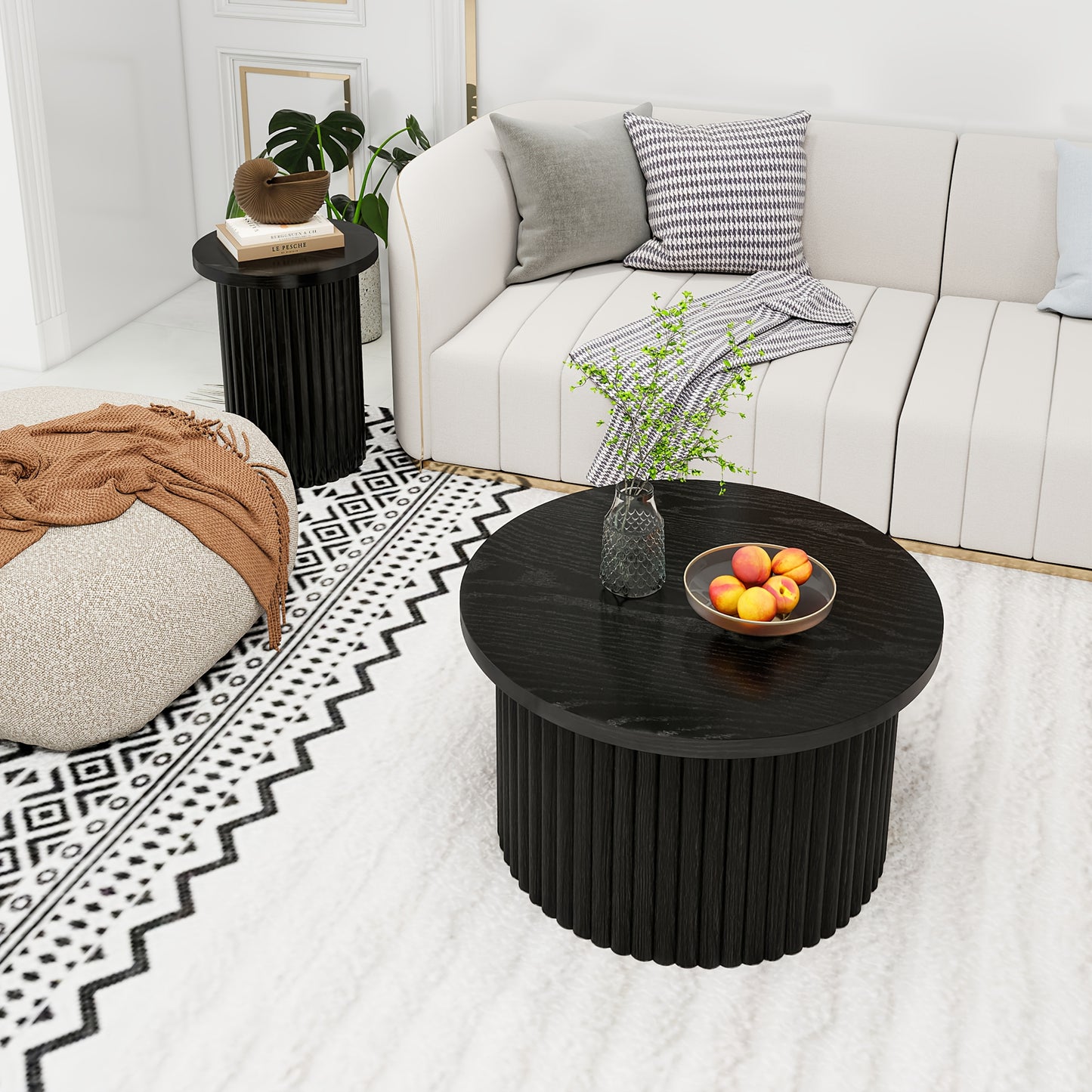 Salontafel – Koffietafel – Bijzettafel – Opbergtafel – Woonkamertafel – Rond Design – Zwart Hardhout MDF – Met Opbergruimte en Golvend Deksel – Eenvoudige Montage
