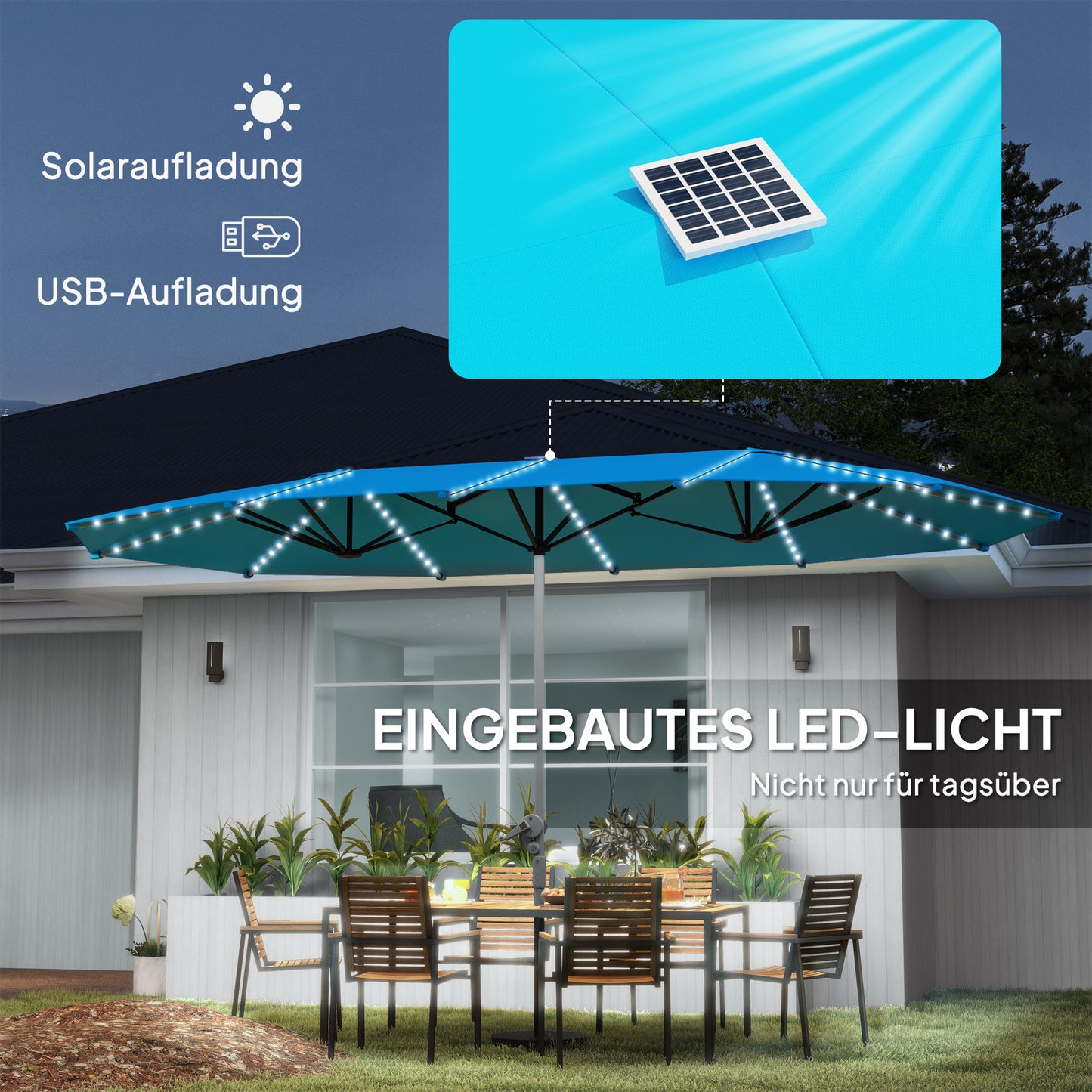 Dubbele Parasol – Tweepersoons Parasol – Terrasparasol – Zonneparasol – Tuinparasol – Blauw – UPF50+ UV-Bescherming – Zonne-LED Verlichting