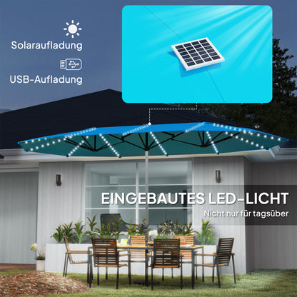 Dubbele Parasol – Tweepersoons Parasol – Terrasparasol – Zonneparasol – Tuinparasol – Blauw – UPF50+ UV-Bescherming – Zonne-LED Verlichting