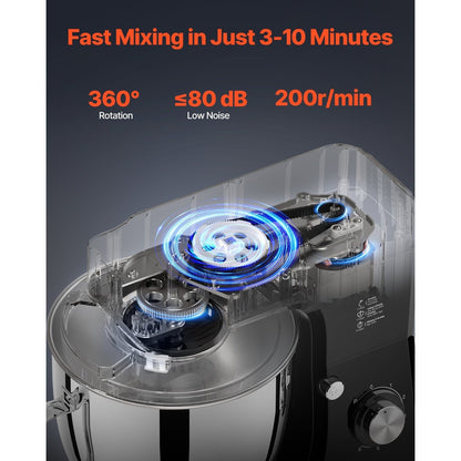 Standmixer – Keukenmixer – Deegmixer – Keukenrobot - Mengmachine – 7,8 Liter – Roestvrij Staal – 6 Snelheden