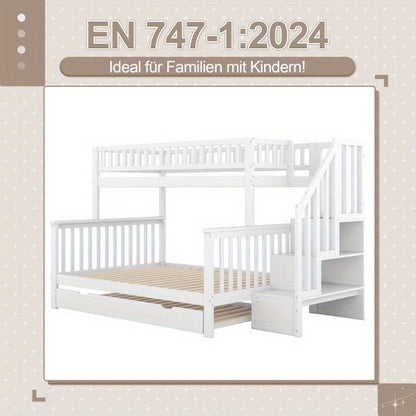 Stapelbed – Hoogslaper – Kinderbed – Etagebed – Bunkbed – Wit – Ruimtebesparend Ontwerp – Uitschuifladen Met Ladder – 140x200 & 90x200 cm – Lattenbodem – Eenvoudige Montage