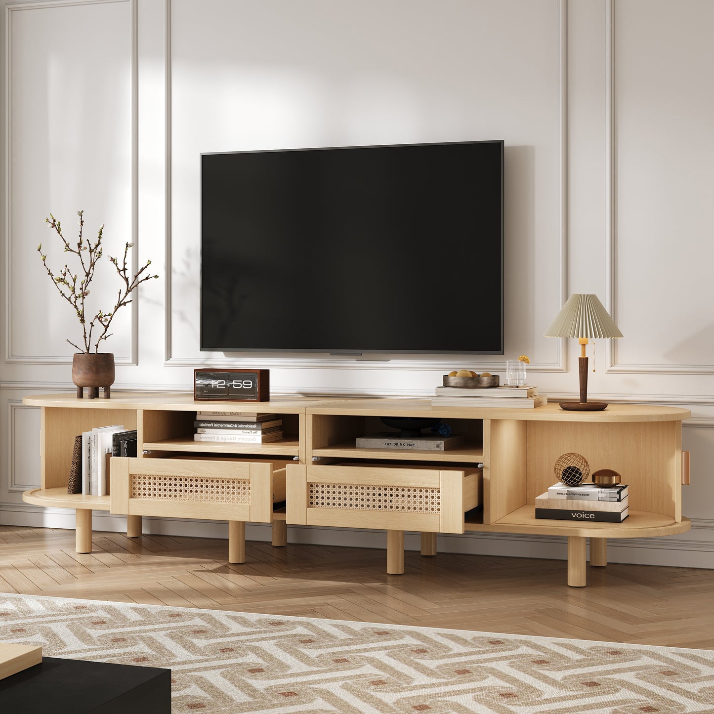 Tv-Meubel – Tv-Kast – Tv-Tafel – Dressoir – Media-Kast – Ovaal Design – 170x40x40 cm – 2 Rieten Lades & 2 Schuifdeuren – Geschikt Voor Tv Tot 70 Inch – Lichtgewicht Houtkleur