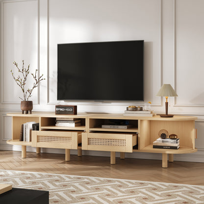 Tv-Meubel – Tv-Kast – Tv-Tafel – Dressoir – Media-Kast – Ovaal Design – 170x40x40 cm – 2 Rieten Lades & 2 Schuifdeuren – Geschikt Voor Tv Tot 70 Inch – Lichtgewicht Houtkleur