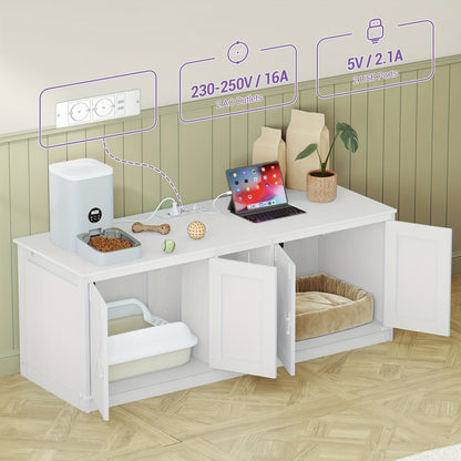 Kattenkast – Kattenhuis – Kattenbak Kast – Kattenmeubel – Kattenhol – 140x50x53,5 cm – Dubbele Ingangen Met USB- en Stroomvoorzieningen