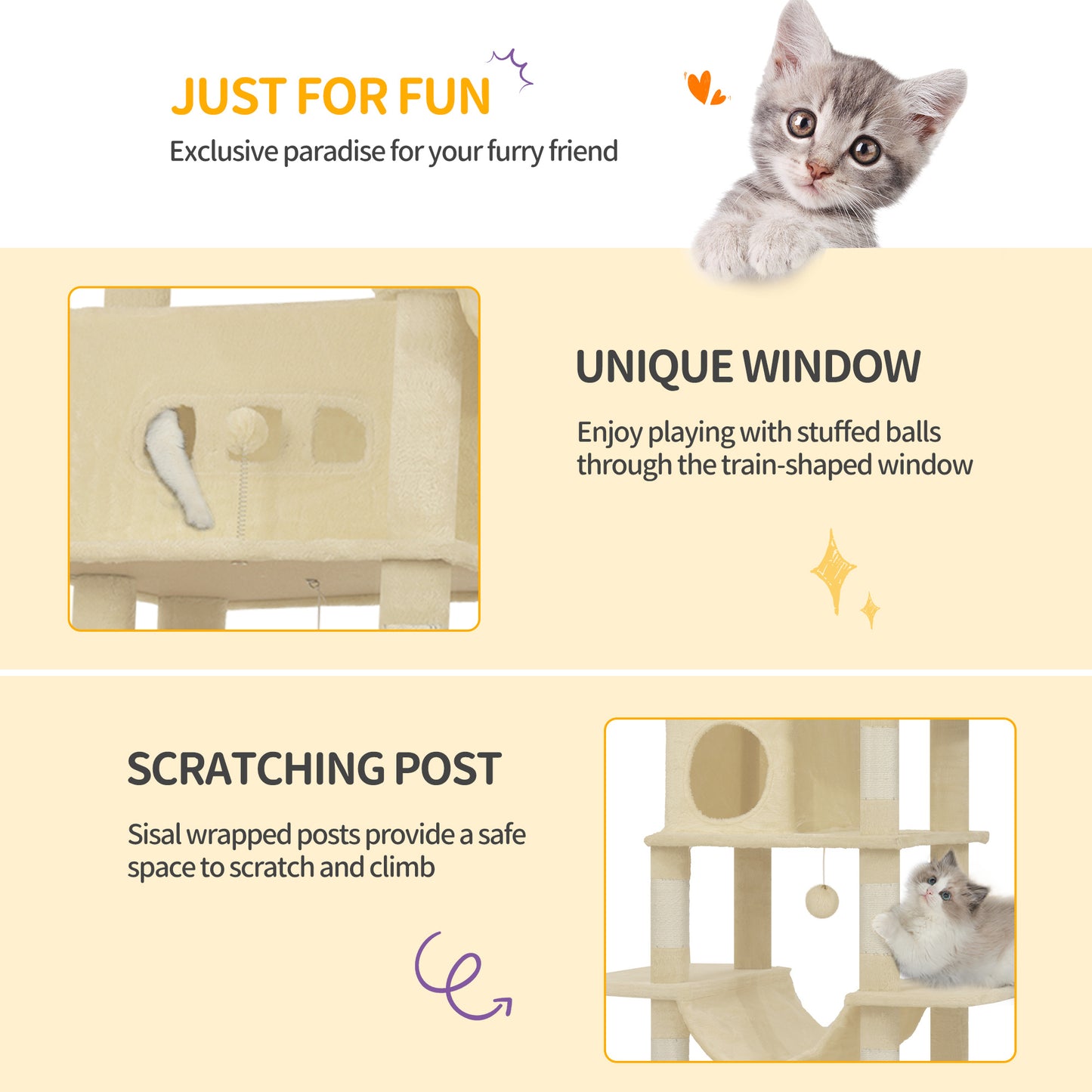 Krabpaal – Kattenkrabpaal – Kattenboom – Kattenhuis – Kattentoren – 210 cm Hoogte – Groot Platform 60x40 cm – Wasbare Mat – 8 Sisal Krabpalen – Geschikt Voor Grote Katten – Beige