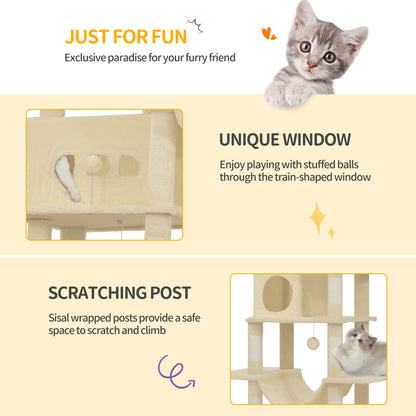 Krabpaal – Kattenkrabpaal – Kattenboom – Kattenhuis – Kattentoren – 210 cm Hoogte – Groot Platform 60x40 cm – Wasbare Mat – 8 Sisal Krabpalen – Geschikt Voor Grote Katten – Beige