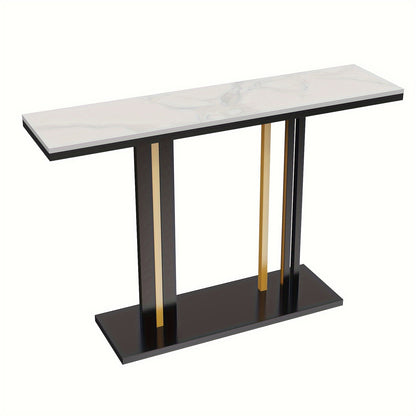 Sidetable – Haltafel – Console Table – Wandtafel – Bijzettafel – Smal Hoog Design – Witte Gesinterde Steen Marmerlook – Zwart Goud Metaal – 118x30x78 cm – Max 30 kg Draagvermogen