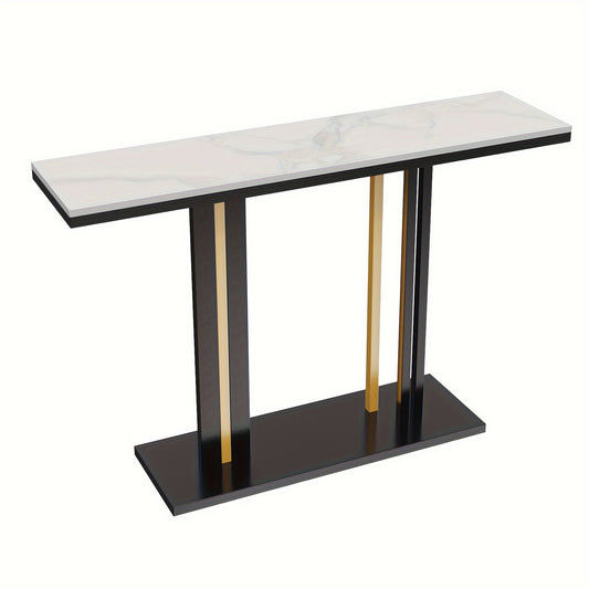 Sidetable – Haltafel – Console Table – Wandtafel – Bijzettafel – Smal Hoog Design – Witte Gesinterde Steen Marmerlook – Zwart Goud Metaal – 118x30x78 cm – Max 30 kg Draagvermogen