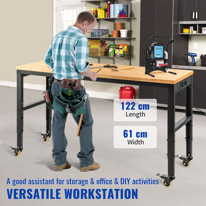 Werkbank – Werktafel – Werkbankje – Klusbank – Verstelbare Werkbank – 122 x 61 cm Massief Houten Blad – Ingebouwde Stopcontacten en USB-A Poorten