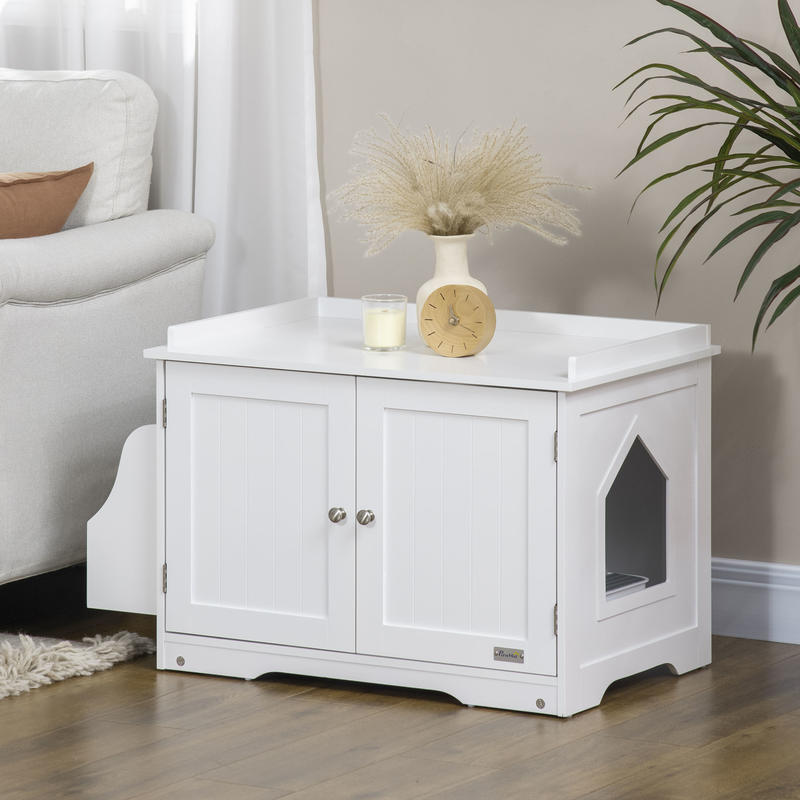Modern White Cat Litter Box & House with Magnetic Double Door, Partitioned Interior, Side Storage Shelf - Spacious Multi-Functional Cat Enclosure with Ventilation System, Odor Control & Easy-Clean Design, Durable Construction