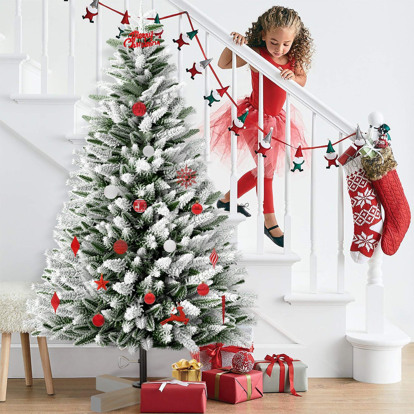Kunstkerstboom – Kunstkerstboom Met Verlichting – Kunstboom – Kerstboom – Kerstdecoratie – 225 cm Hoog – Sneeuweffect Met Warm Witte LED’s – PE en PVC Takken