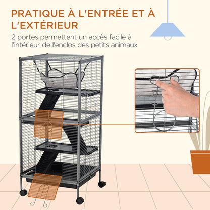 Dierenkooi Klein – Knaagdierkooi – Konijnenkooi – Hamsterkooi – Mobiel Dierenverblijf – Met 2 Deuren – Met Hangmat – 52 x 52 x 113,5 cm – Metaal Grijs