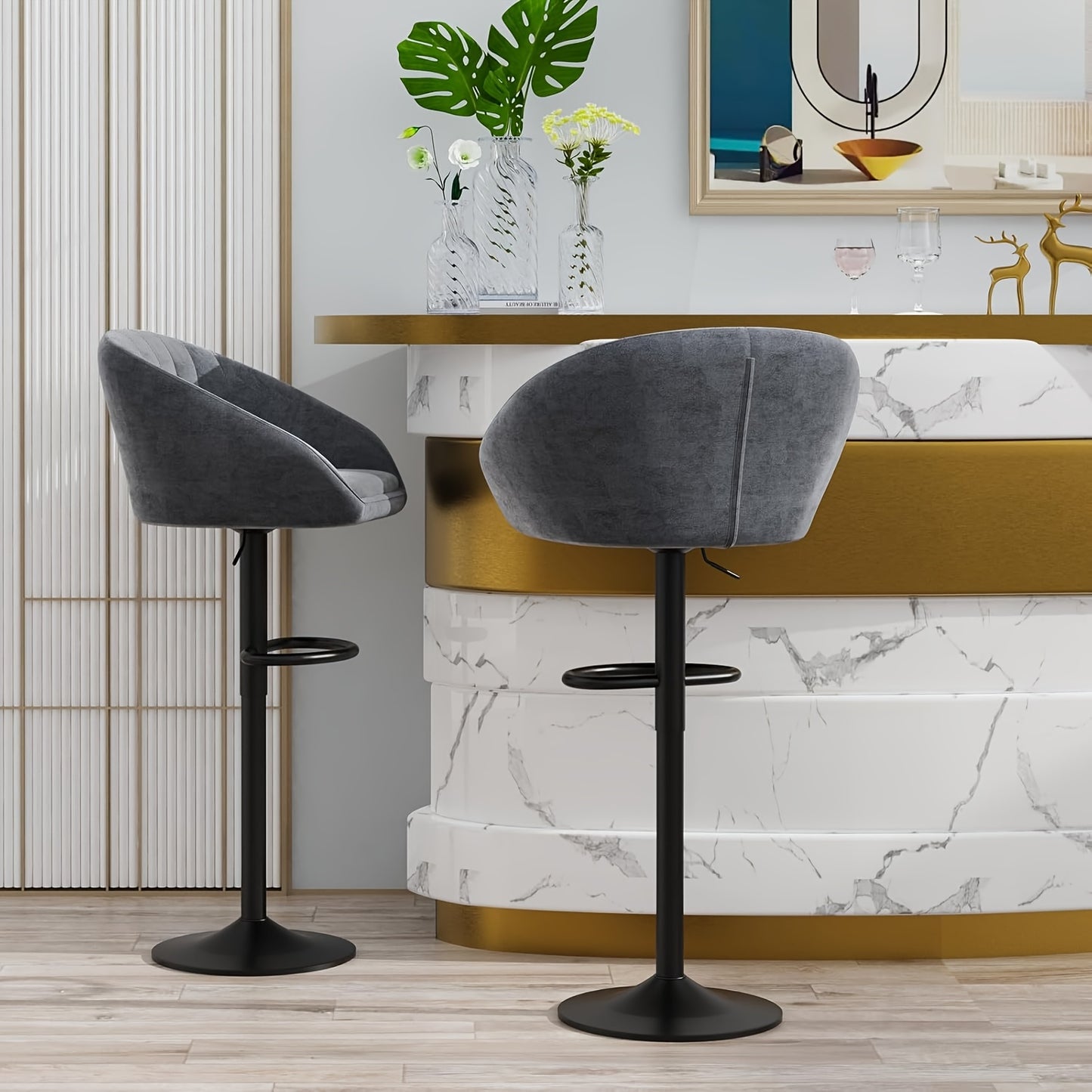 Barstoel – Barkruk – Barkrukken – Barstoelen – Keukenstoel – Fluwelen Bekleding – Verstelbare Zithoogte – Draaibaar – Set van 2 – Grijs