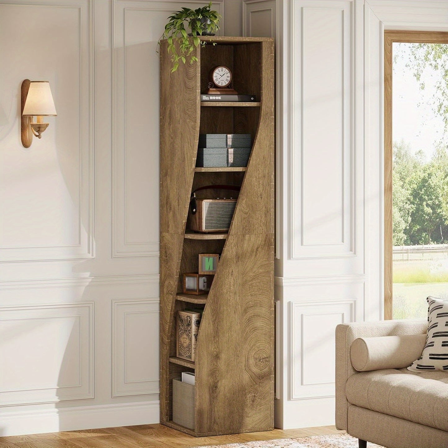 Boekenkast – Boekenrek – Vakkenkast – Opbergkast – Stellingkast – 6-laags Hoekboekenkast – Ruimtebesparend Smal Design – Duurzaam Hardhout en Multiplex