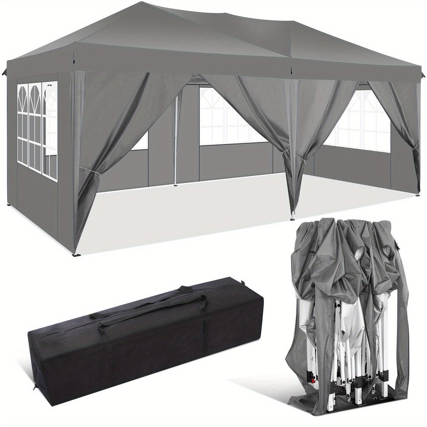 Partytent – Paviljoen – Opvouwbare Tent – Feesttent – Tuinentent – 3x6 m – 6 Afneembare Zijwanden – Lichtgewicht Metaal Frame - Grijs