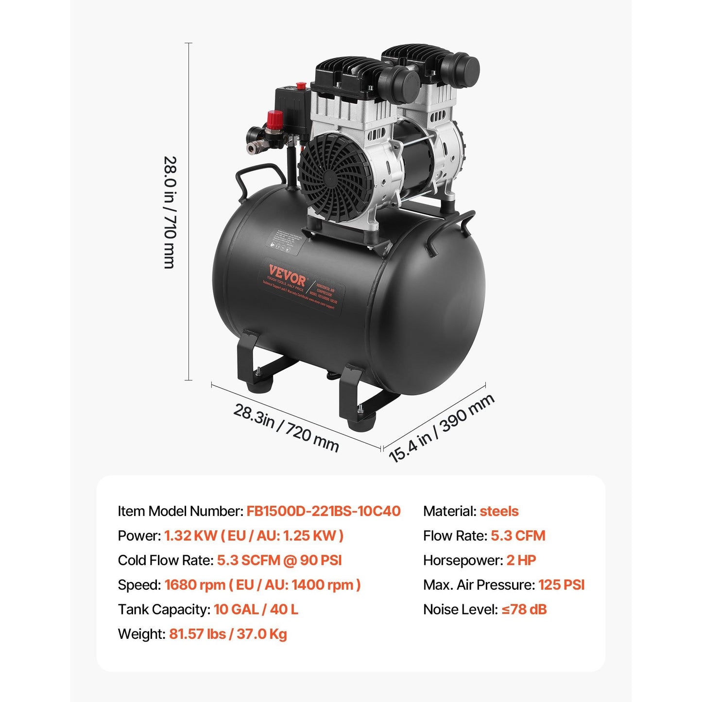 VEVOR Air Compressor Compact Portable Oil Free Compressor 10 Gallon 90 PSI