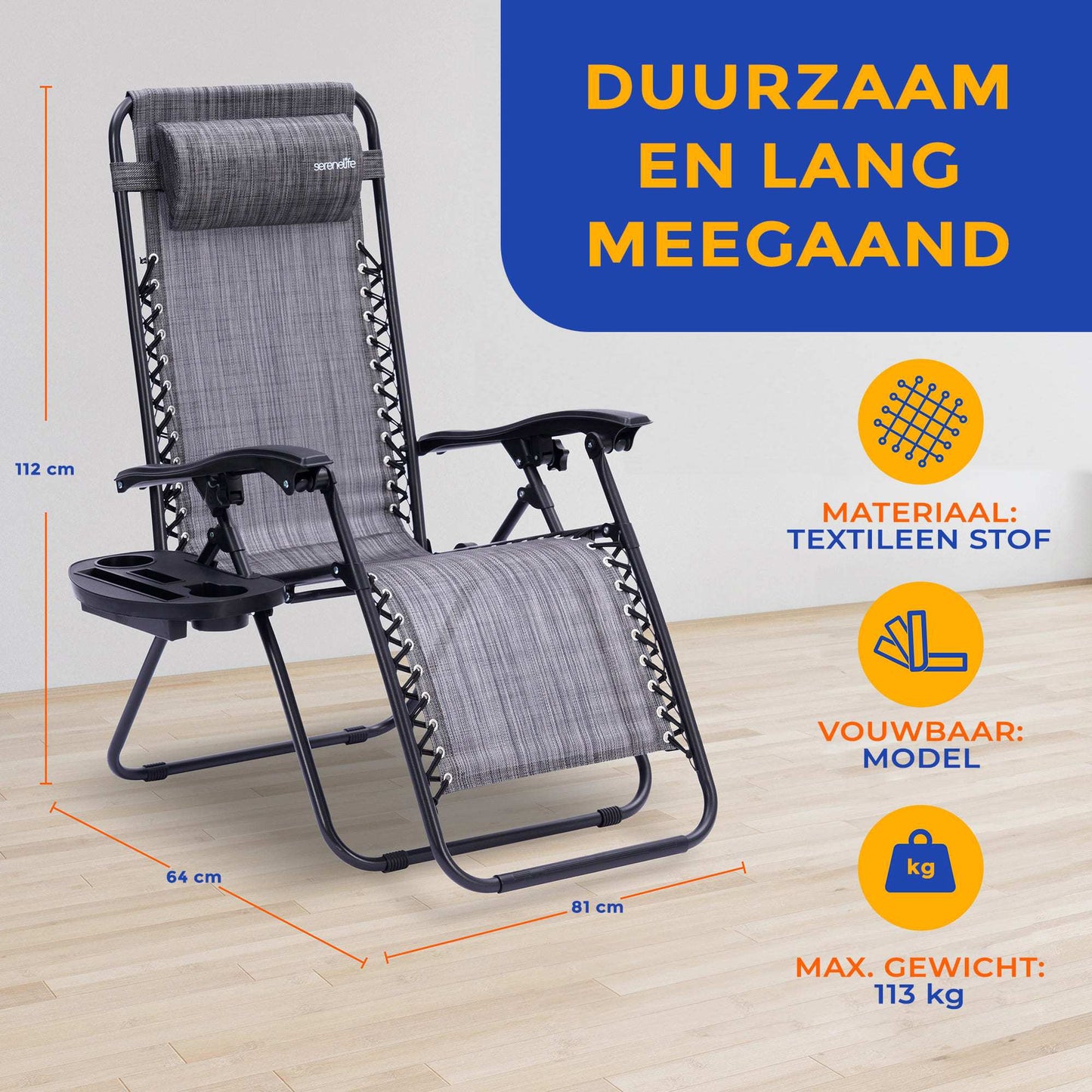 Loungestoel – Fauteuil – Relaxstoel – Tuinstoel – Zitzak – Set van 2 – Verstelbaar Met Afneembare Bekerhouders – Vouwbaar En Weerbestendig - Grijs