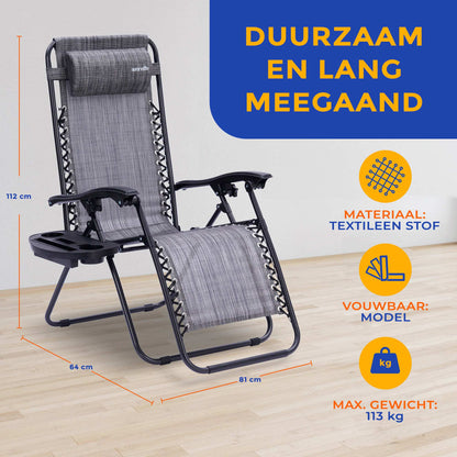Loungestoel – Fauteuil – Relaxstoel – Tuinstoel – Zitzak – Set van 2 – Verstelbaar Met Afneembare Bekerhouders – Vouwbaar En Weerbestendig - Grijs