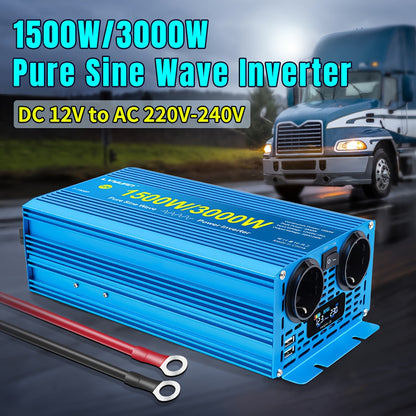 Omvormer – Spanningsomvormer – Stroomomvormer – Inverter – Converter – 12V/24V DC naar 220V AC – Zuivere Sinusgolf – 1500W Continu / 3000W Piek – LCD Display – Duale AC Stopcontacten & USB Poorten