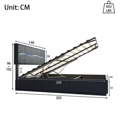 Dubbel Opbergbed – Opbergbox Bed – Stalen Bedframe – Bed Met LED-Verlichting – Ladebed – 140x200 cm – USB Oplaadpoort – Pneumatisch Hefmechanisme