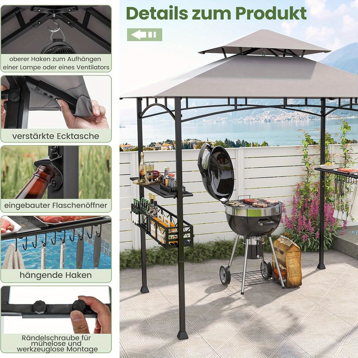 BBQ Grill Gazebo – Barbecue Overkapping – Buitenkeuken Tent – BBQ Schuur – Grill Shelter – Met 2 Zijplanken & Ophanghaken – Weerbestendig Met Dubbel Dak – 243x153cm