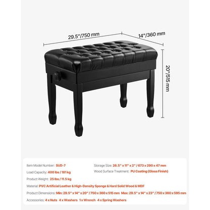 Piano- en Keyboardbank – Keyboardkruk – Muziekbank – Duetbank – Pianozitting Hout – Verstelbare Zithoogte – Opbergruimte Onder Zitting