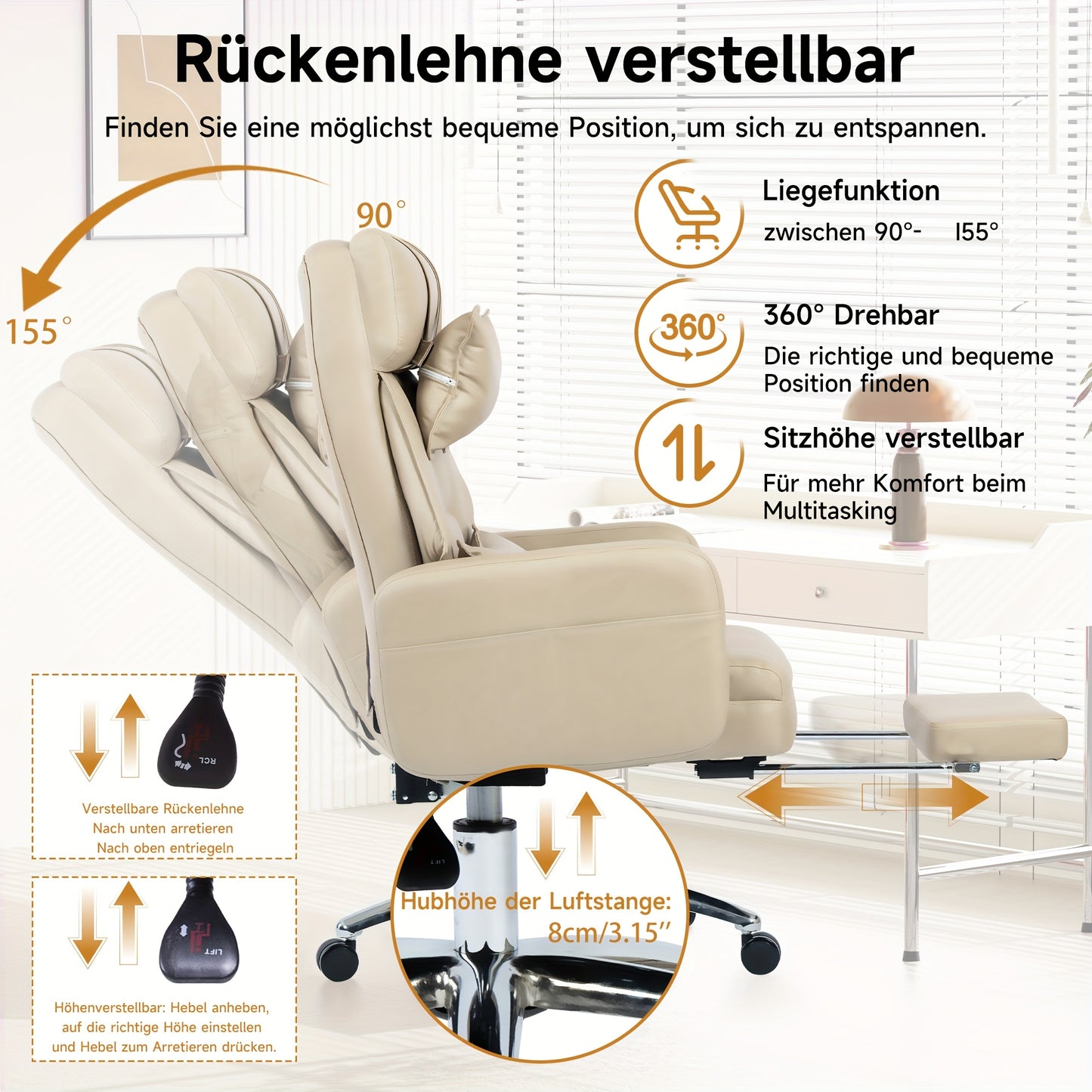 Ergonomische Relaxstoel – Draaistoel – Gamingstoel – Bureaustoel – Loungestoel – Grijs – 155° Verstelbare Rugleuning – Met Lenden- en Hoofdsteun