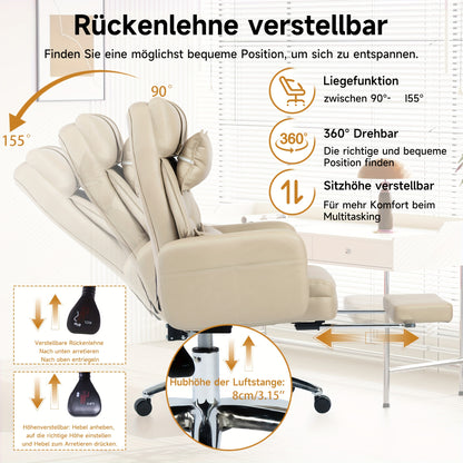 Ergonomische Relaxstoel – Draaistoel – Gamingstoel – Bureaustoel – Loungestoel – Grijs – 155° Verstelbare Rugleuning – Met Lenden- en Hoofdsteun