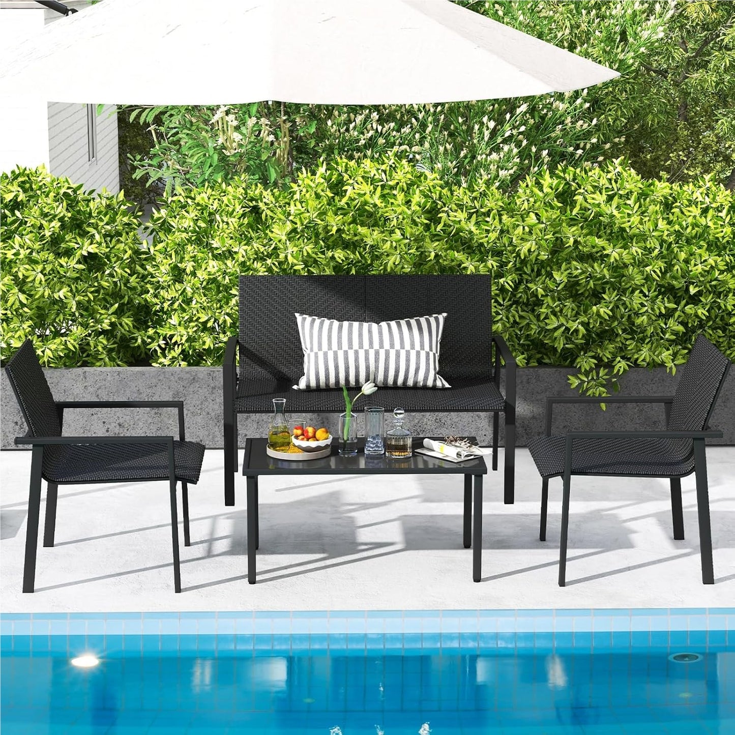 Polyrattan Tuinset – Tuinmeubelset – Loungeset – Buitenmeubelen – Patio Meubilair – 4-delig Zwart – Ergonomisch Design – Tempered Glas Tafel