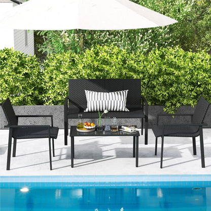 Polyrattan Tuinset – Tuinmeubelset – Loungeset – Buitenmeubelen – Patio Meubilair – 4-delig Zwart – Ergonomisch Design – Tempered Glas Tafel