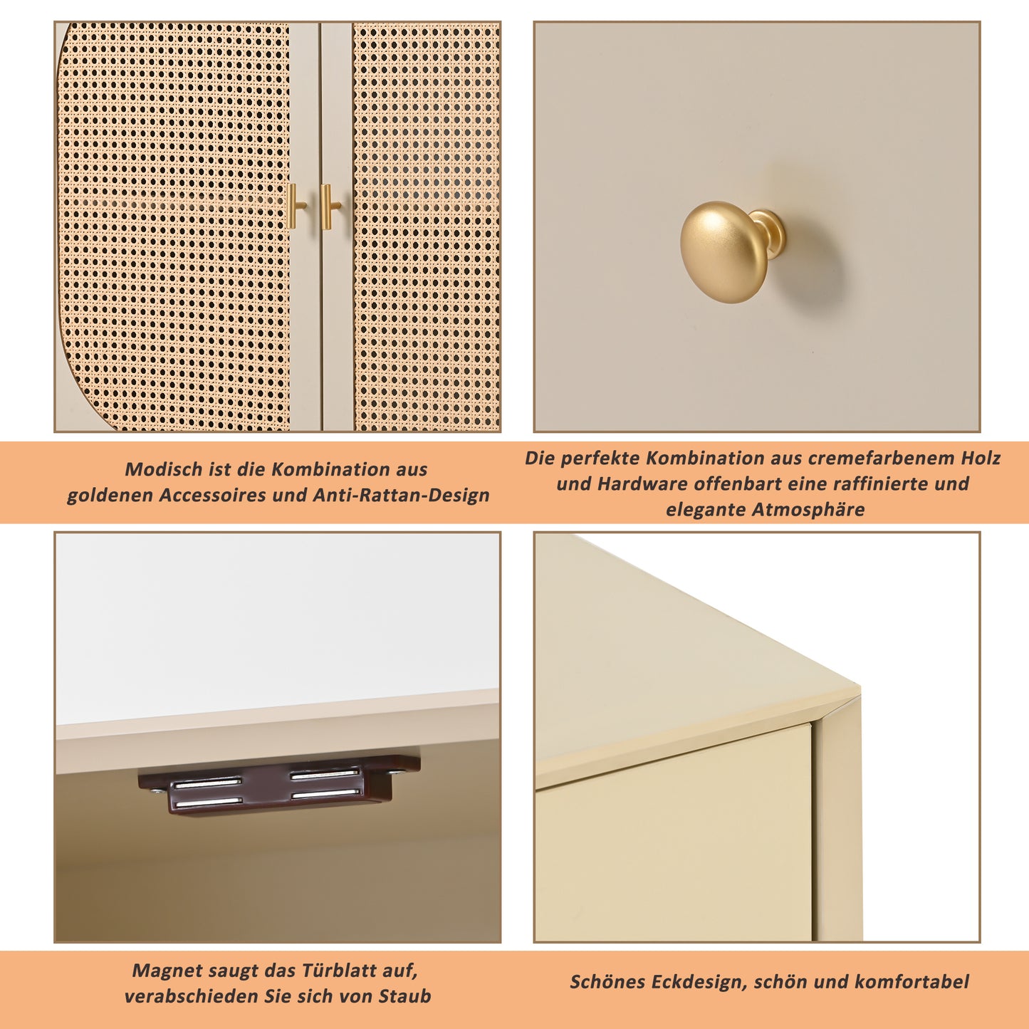 BTM Sideboard Storage Cabinet 120X40X82.5Cm, Off-White Cream with Rattan Fronts, 2 Doors & 3 Drawers, Wood Look, Modern Design for Living Room & Dining Room