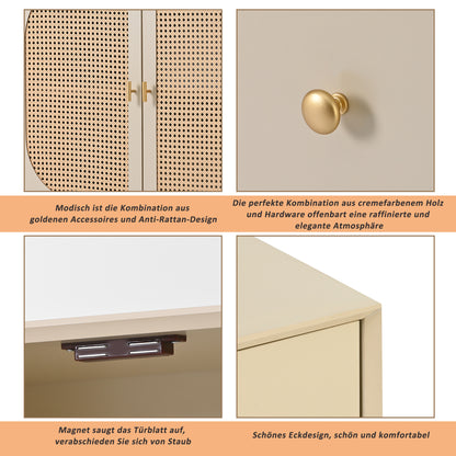 BTM Sideboard Storage Cabinet 120X40X82.5Cm, Off-White Cream with Rattan Fronts, 2 Doors & 3 Drawers, Wood Look, Modern Design for Living Room & Dining Room