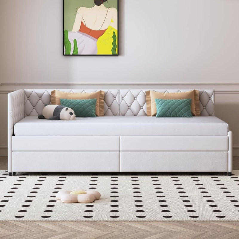 Slaapbank – 2-Zits Bedbank – Uitklapbare Bank – Gigogne Bed – Banquette Bed – Beige Velvet – 90x200 cm – Stevig Houten Frame