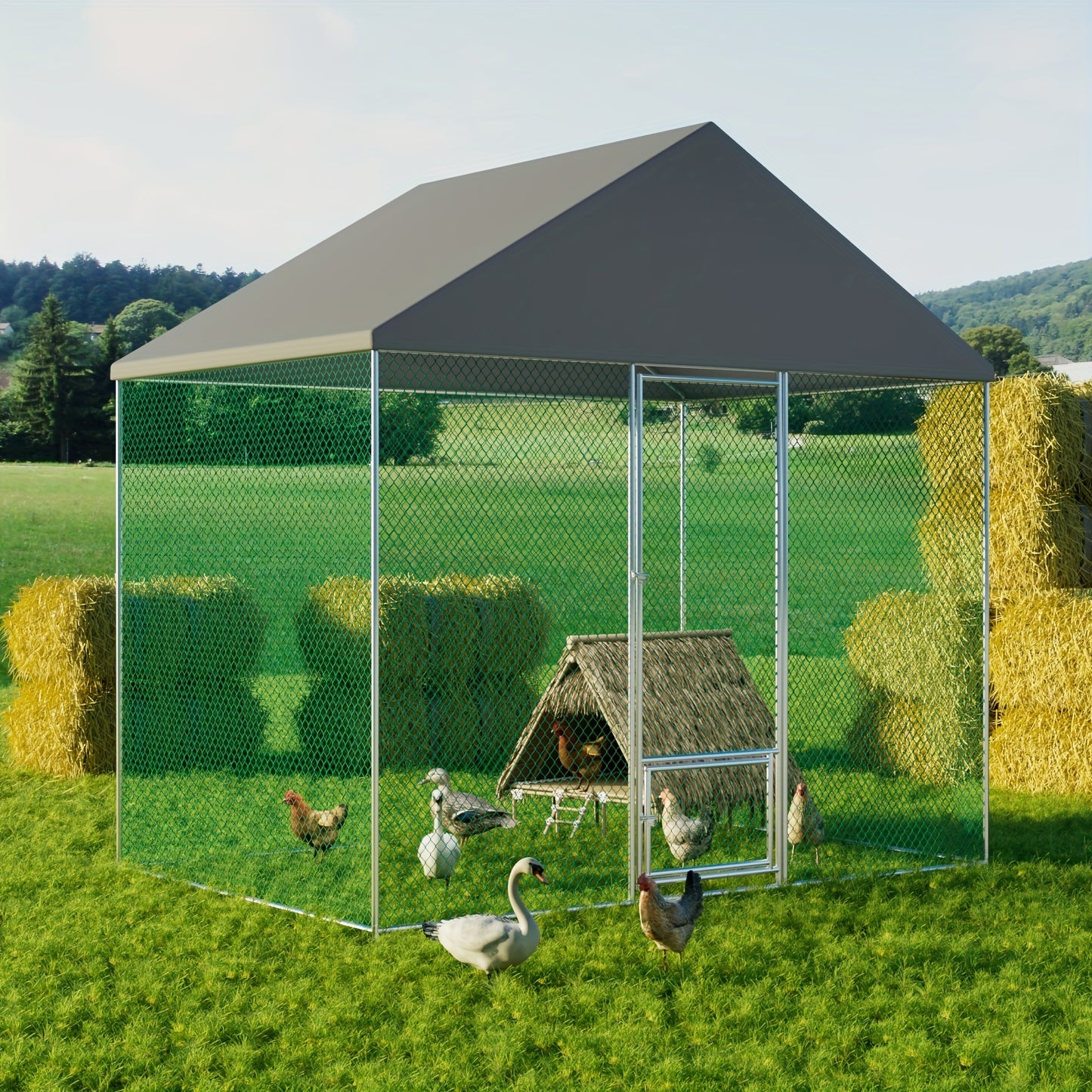 Kippenren – Kippenhok – Pluimveestal – Buitenren – Dierenren – 12 m² – Gegalvaniseerd Metaal – Waterdicht & UV-bestendig Dak
