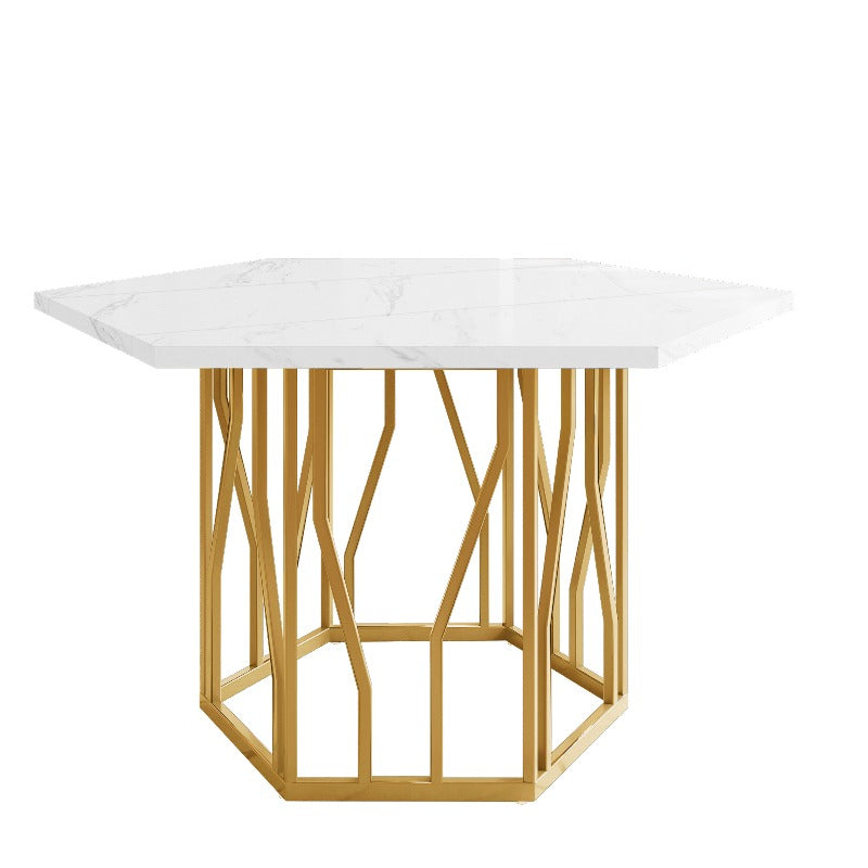 Hexagon Tafel Set – Eettafel Set – Diningset – Marmeren Tafel – Stoelenset – 5-Delig – Grijze Fluweel Stoelen – Gouden Poten – Modern Design – Duurzaam Niet-Houten Blad