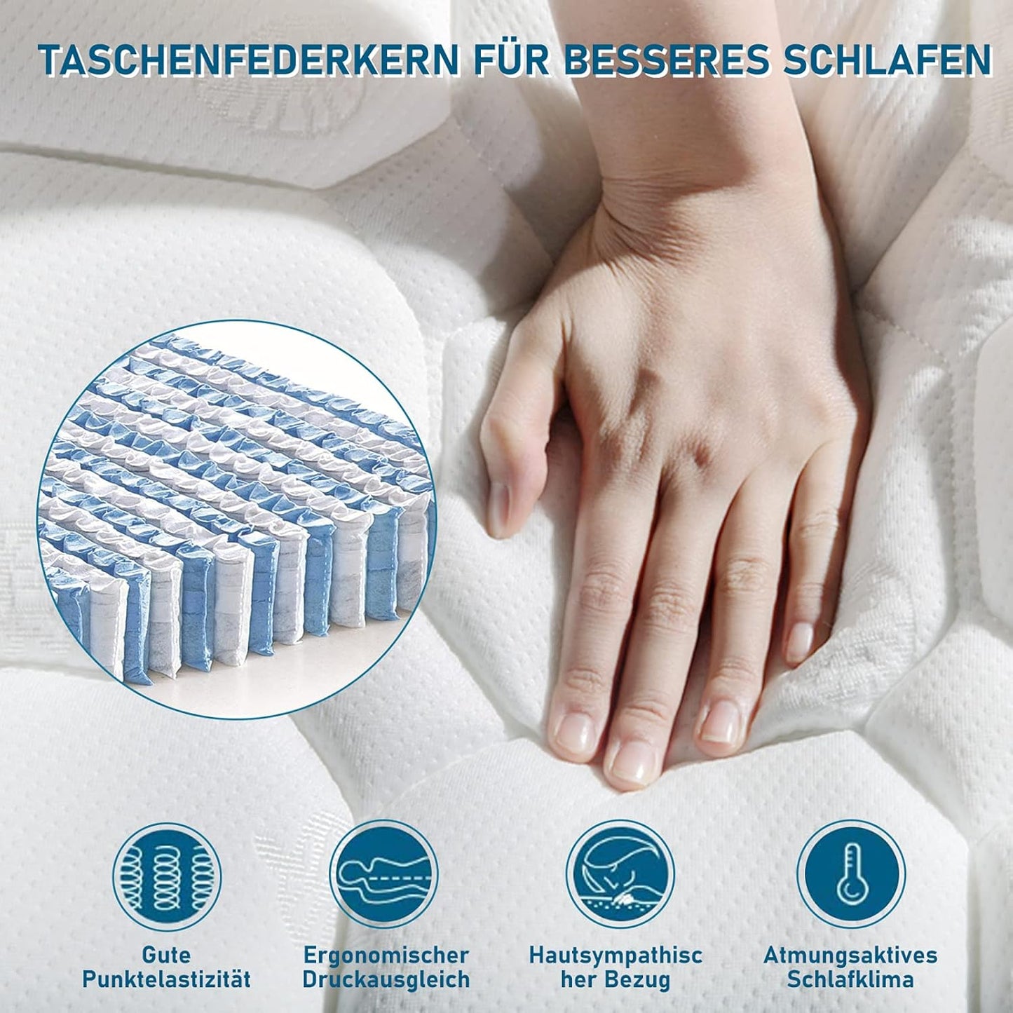 Pocketvering Matras – Matras – Slaapmat – Matras 160x200 – 7-Zone Ergonomisch – Medium Stevig – 25 Cm Hoog – Geheugenfoam & Ademend Polyester