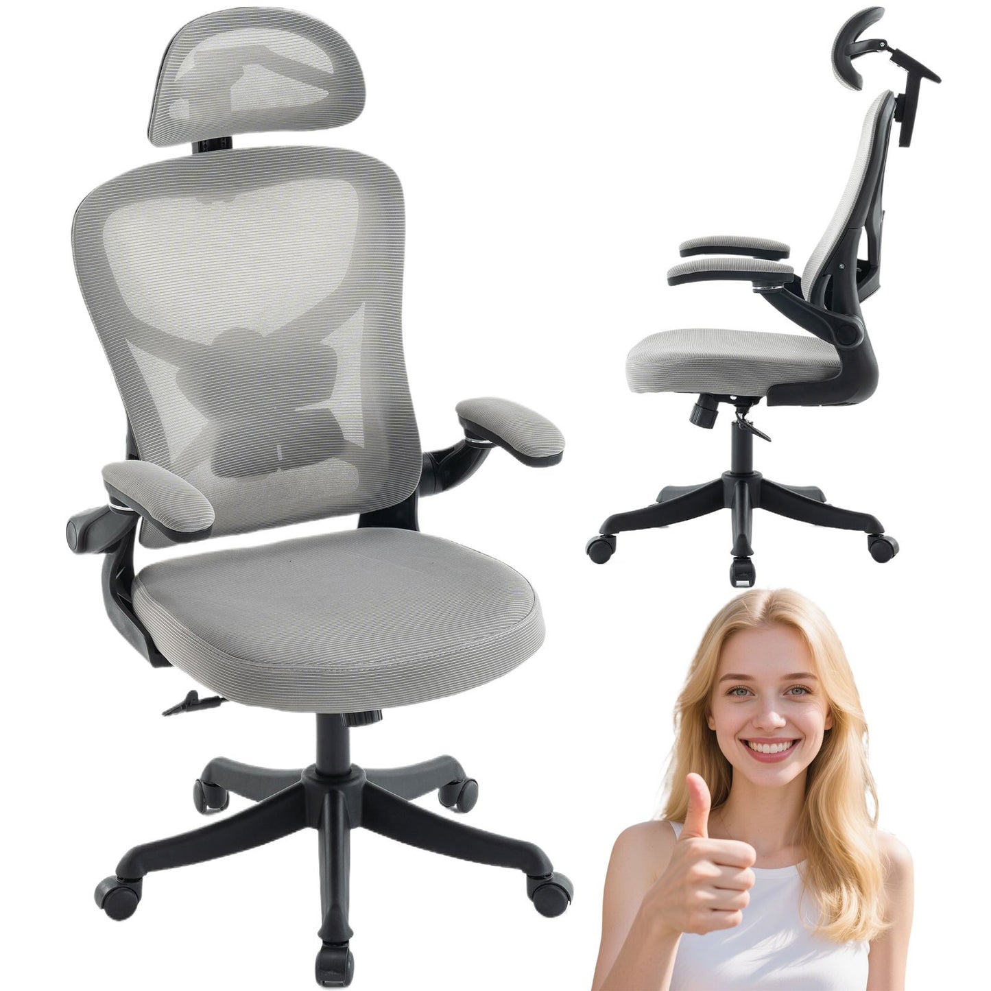 Bureaustoel – Ergonomische Stoel – Office Chair – Draaistoel – Kantoorstoel – Verstelbare Lendensteun – Memory Foam Zitting – 360° Draaibaar – Opklapbare Armleuningen – Zwart/Grijs
