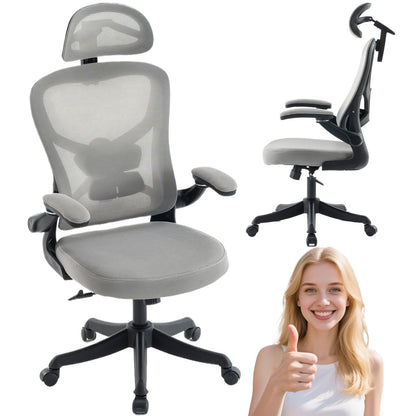 Bureaustoel – Ergonomische Stoel – Office Chair – Draaistoel – Kantoorstoel – Verstelbare Lendensteun – Memory Foam Zitting – 360° Draaibaar – Opklapbare Armleuningen – Zwart/Grijs