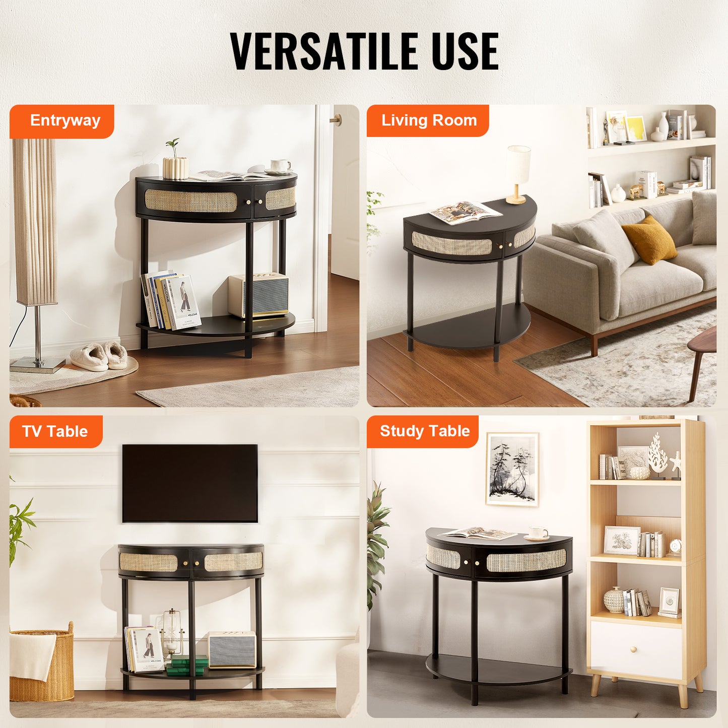 Sidetable – Wandtafel – Haltafel – Consoletafel – Bijzettafel – Zwart Rattan – Halve Maan Vorm – 2 Laden & Open Plank – Duurzaam MDF Onderstel