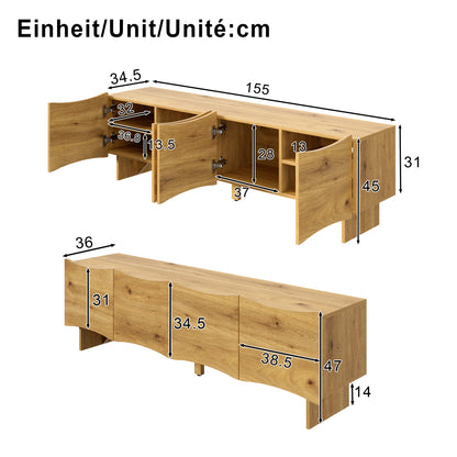 Tv-kast – Tv-meubel – Mediaconsole – Opbergkast – Entertainmentmeubel – Natuurlijke Kleur – 155 cm Breed – Modern Gegolfd Design
