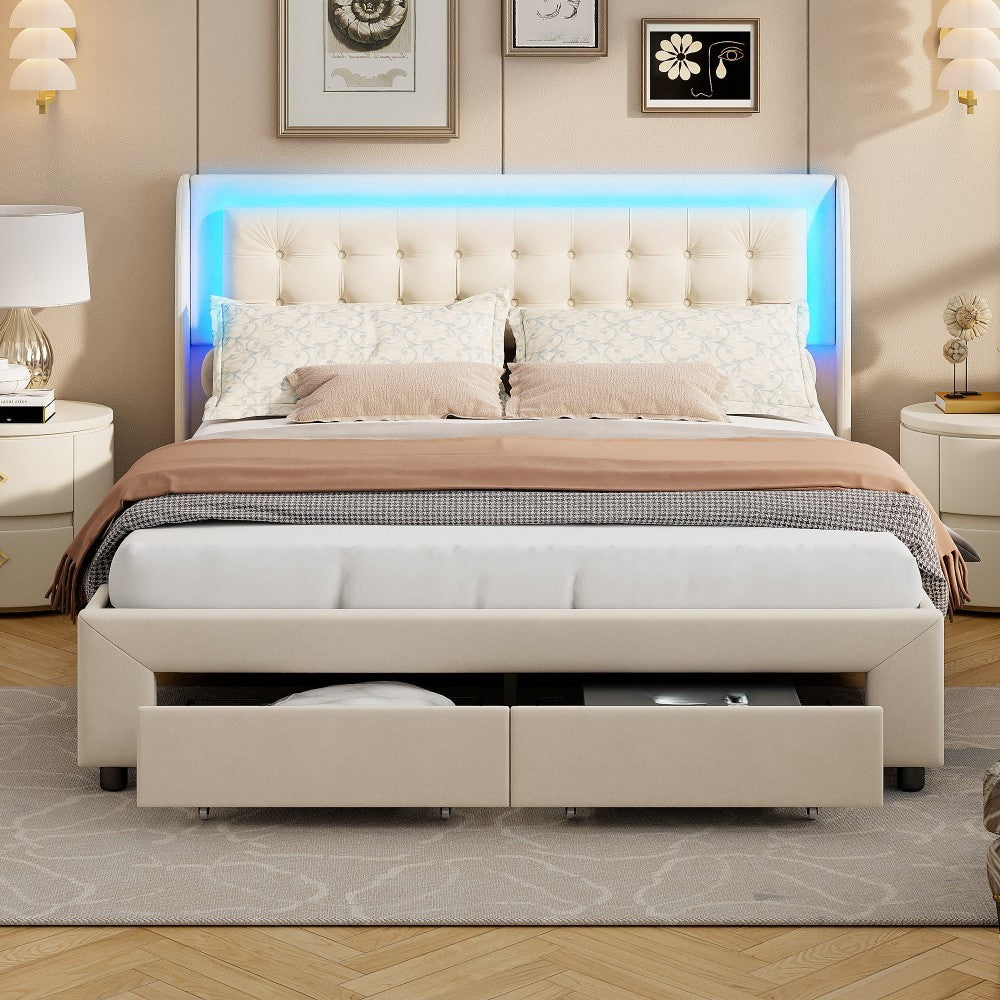 Bedframe – Tweepersoonsbed – Gestoffeerd Bed – Opbergbed – Lattenbodem – 160x200 cm – Velvet Bekleding – LED Hoofdbord met USB-aansluiting